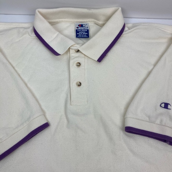 Vintage Champion Polo Shirt Cream and Purple XXL - Picture 2 of 3